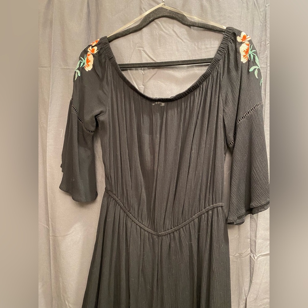 love, Fire Black romper with Orange Floral Embroidery